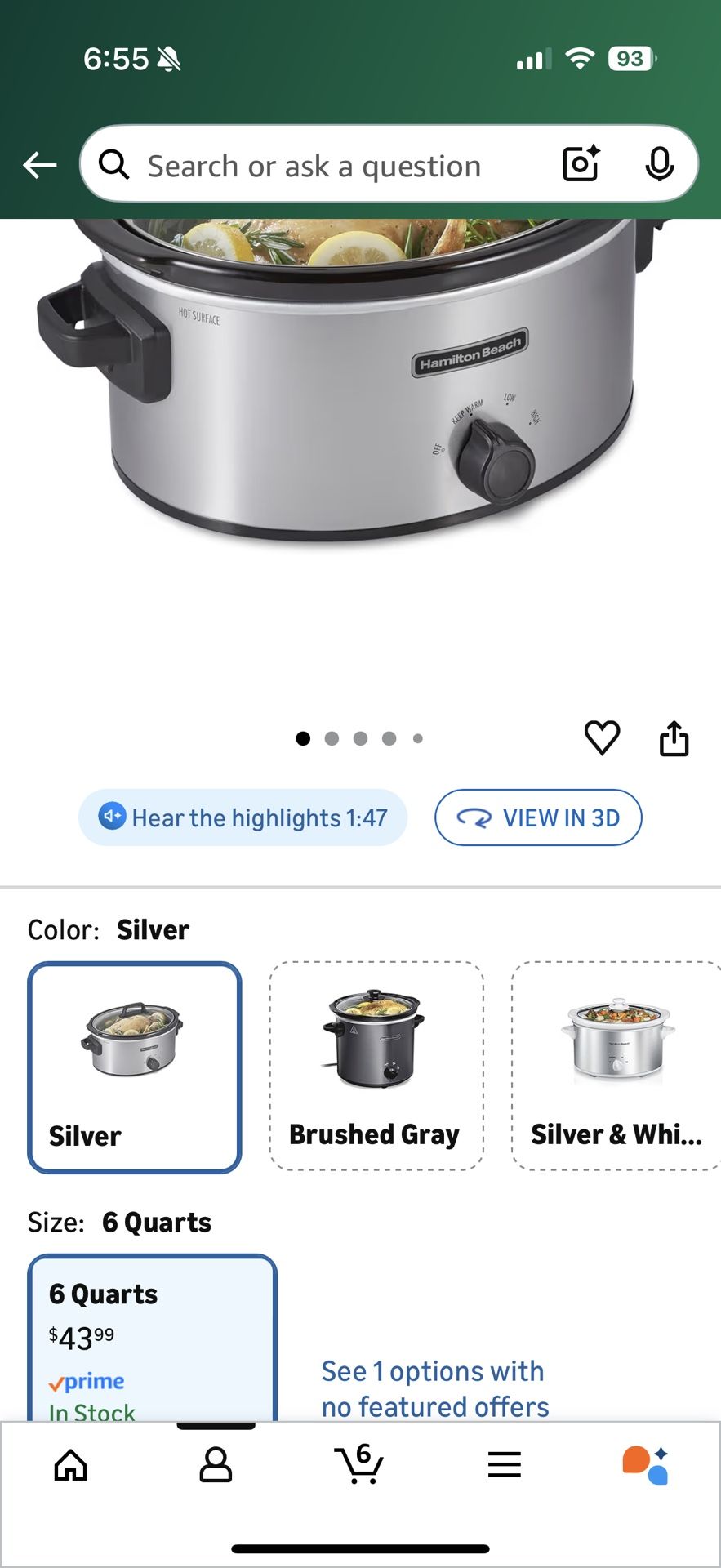 Hamilton Beach 6-Quart Slow Cooker with 3 Cooking Settings, Dishwasher-Safe Stoneware Crock & Glass Lid, Silver