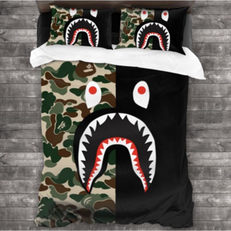 Camo Shark Bedding Set 3 Piece Full Bed Sheet Duvet Cover Set Full Size with 2 Matching Pillows Case (Queen), Bape-green, one size