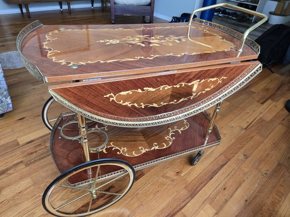 Vintage Drop Leaf Wine Cart With Brass Handle And Floral Marquetry