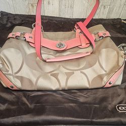 Coach Signature Canvas Shoulder Purse Satchel Neon Coral **WITH Coach Dust Bag**