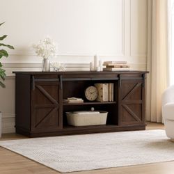 New TV Stand for 65 inch TV, Entertainment Center with Storage Cabinets and Sliding Barn Doors, Mid-Century Modern Console Table for Living Room and B