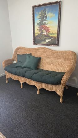 Wicker Couch with Matching Chair & Foot Stool