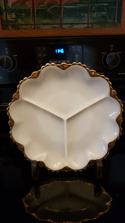 Vintage Gold Trim Milk Glass Veggie Plate