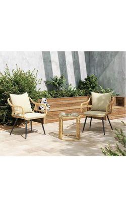 Patio 3-Piece Bistro Sets, Outdoor Wicker Conversation Table and Chairs Set of 2 with Glass Top Side Table and 2 Ergonomic Chairs for Small Porch