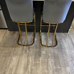 Gray Velvet Bar/Island Chairs Stools With Gold Finish 