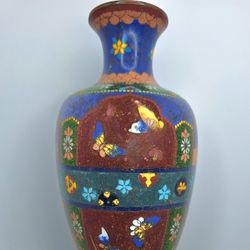 RARE Fine Antique Japanese Cloisonne Vase with Sparkles, Butterflies, and Flowers Unmarked