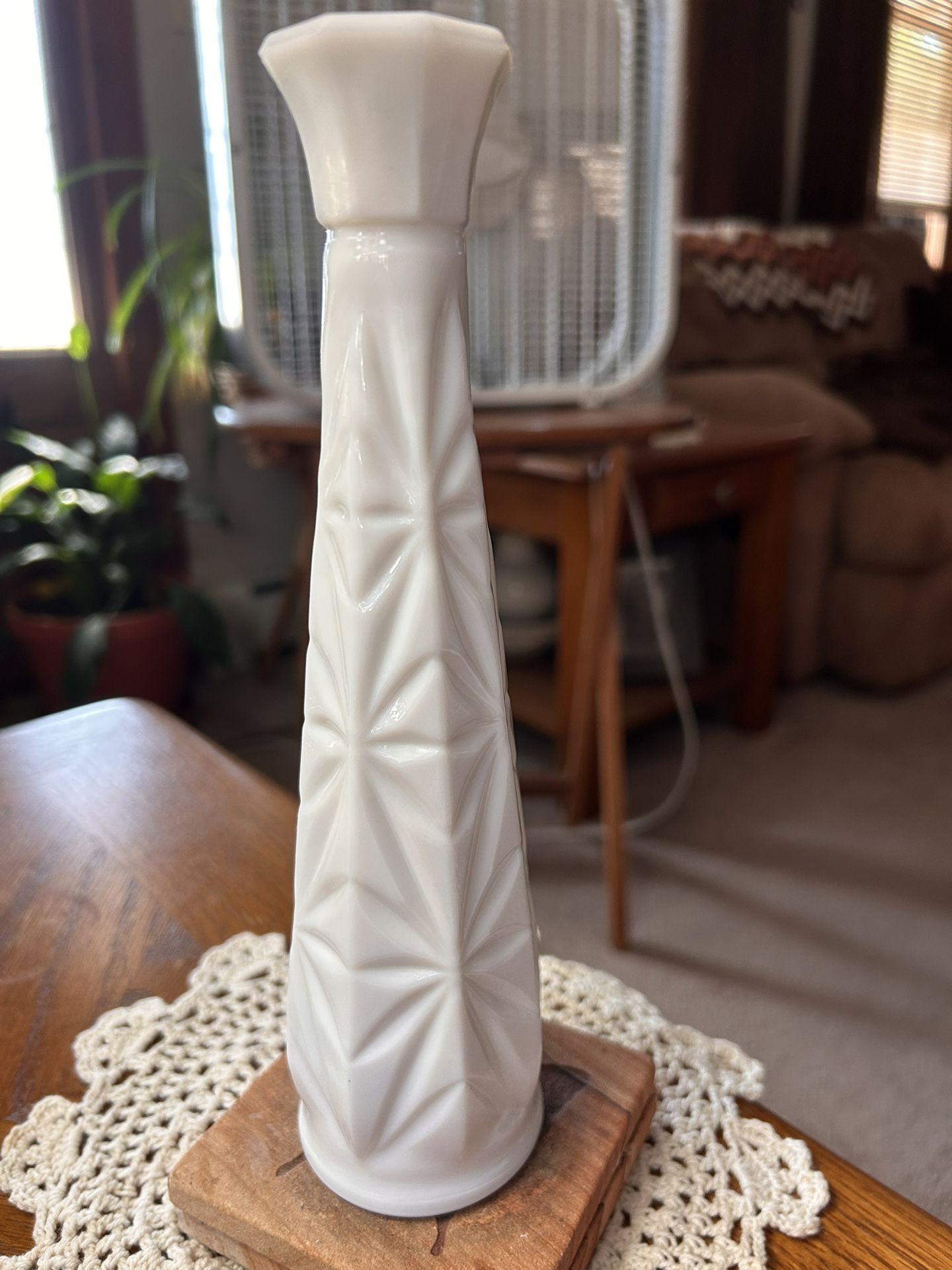 Vintage Milk Glass Flower Bud Vase with Starburst Quilt Pattern, 1960's Mid Century 9" White Deep Cut Design, Cottagecore Farmhouse