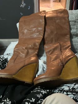 Tan Leather Knee-High Wedge Boots