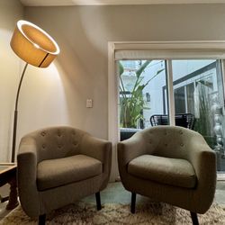 Pair (2) Grey Upholstered Tufted Barrel Captains Side Chairs