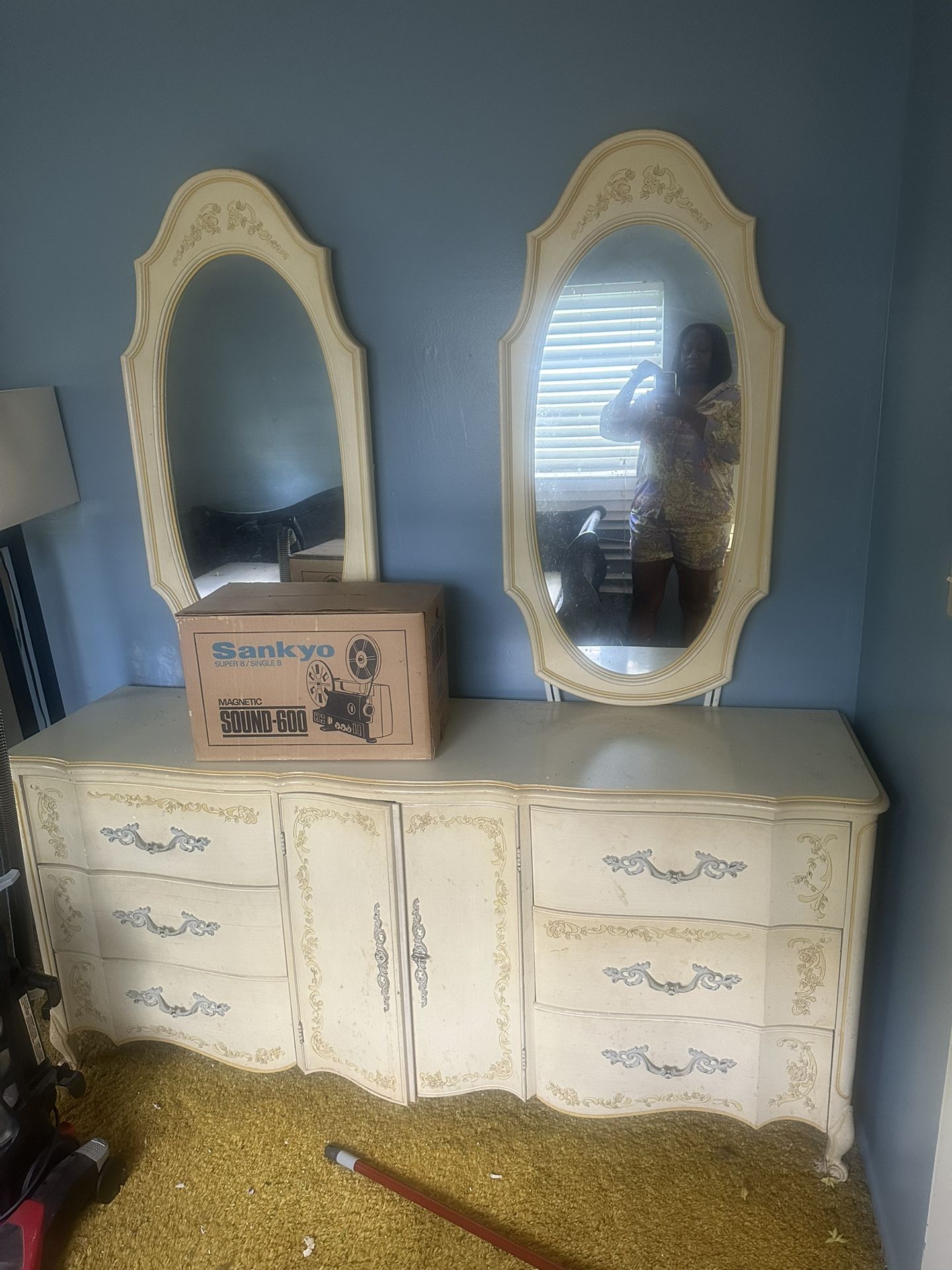 Vintage dresser, mirror, and chest of drawers combo