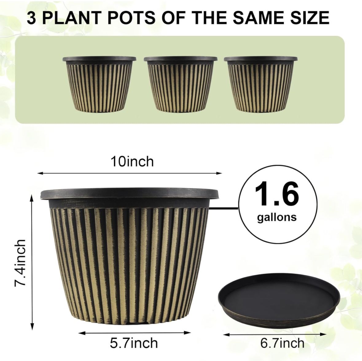 Planter Pots for Indoor/Outdoor, 3 Pack 10 Inch Plastic Pots with Saucer & Drainage Holes, Gold
