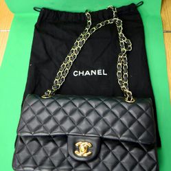 CHANEL Double Flap Black Quilted Lambskin Leather Medium Shoulder Bag