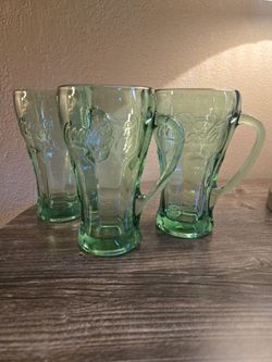 Vintage Libbey Coca-Cola Georgia Green Glass Mugs with Handles - Set of 3