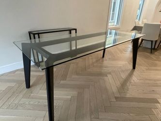 CB2 Harper Glass Dining Table with a Black Steel Base