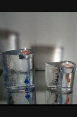 VINTAGE KOSTA BODA CRYSTAL GLASS HEART SHAPE CANDLEHOLDER SET OF 2