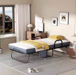 Folding Bed with Mattress,75"X38" Twin Size Frame, Portable roll Away Bed with Memory Foam Mattress for Adults with 2 Armrests,4 Wheels,Side Pocket an