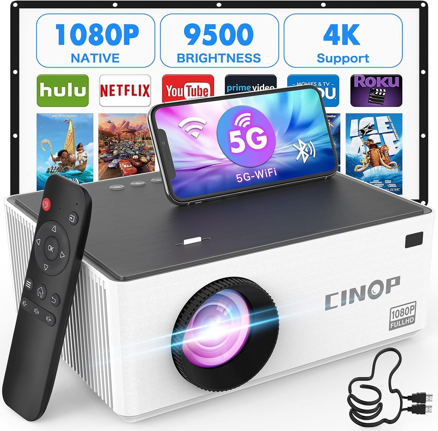 5G WiFi Bluetooth Projector, Support 4P/4D Keystone Correction, Cinop Mini 1080P Native 4K Supported Projector, 9500L, Portable Outdoor, TV Stick, DVD