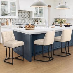 24" Bar Stools Set of 3, Counter Height Bar Stools Leather Barstools with Metal Frames for Kitchen Island, Dining Room, Ivory