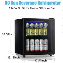 (NEW) WANAI 1.6Cu.ft Beverage Refrigerator, Mini Fridge with Glass Door, Black