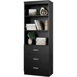 71'' Wooden Bookcase, Tall Storage Cabinet with 3 Drawers and 3-Tier Open Shelves, Black