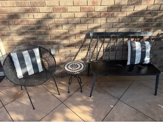 Outdoor black metal porch furniture - 3 pieces w/ b& w stripe cushions