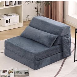 Fuzzy Blue Foldable Floor Sofa/ Bed With Pillow
