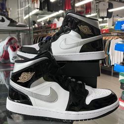 Air Jordan 1 Mid SE Patent Black White Metallic Silver Metallic Gold
