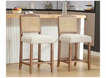 Counter Height Bar Stools Set of 2 Farmhouse Barstools with Rattan Back Comfortable Upholstered Bar Chairs Mid Century Wood Breakfast Counter Stools f
