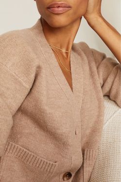Women's Size Large Cropped V-Neck Loose Cardigan, Beige, NEW