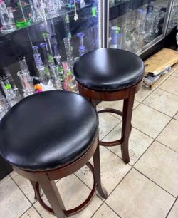 Pair of Swivel Wood Bar Stools with Faux Leather Seats