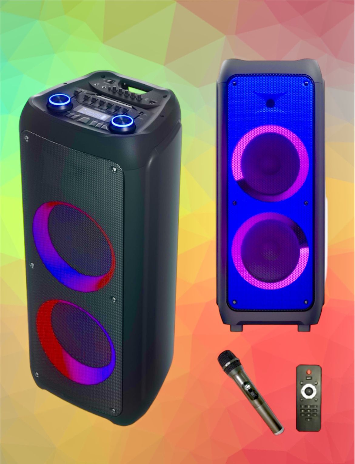 Karaoke Portable Bluetooth Party Speaker, Dual 10” woofers with Lights, Radio,