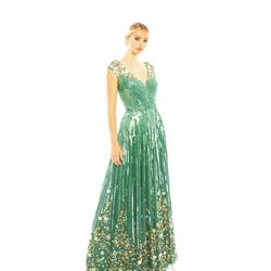 Mac Duggal Emerald Green Sequins & Floral Cap Sleeve Maxi Gown 
