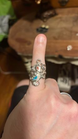 Vintage Engraved 925 Silver Coral & Turquoise Ring Size 6