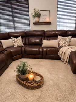 Genuine     Leather Power Reclining Sectional – 3 Recliners, 2 Powe