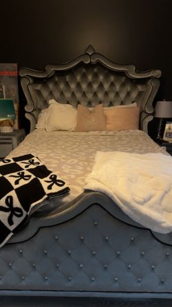 Queen Gray Velvet Bed + 2 Nightstands - $500 OBO