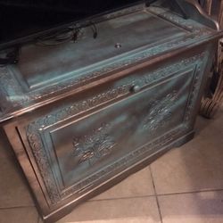 Bronze Brinze Aqua’ Teal Antique Carved Side Bench & Flip Tuck Drawer 