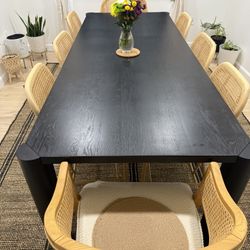 Black Dining Table w/ 8 Cane Back Chairs