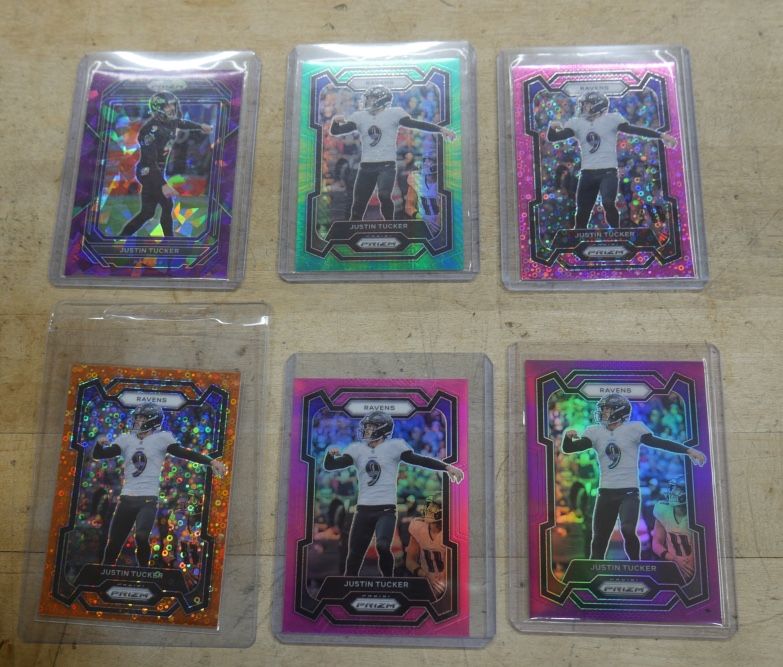 LOT 6 JUSTIN TUCKER PANINI PRIZM RAVENS #22 2023 ORANGE; #22 2023 PINK ; #22 2023 PINK 13/15 ; #22 2023 GREEN 152/175 ; #22 PINK 2024 052/215 ; #26