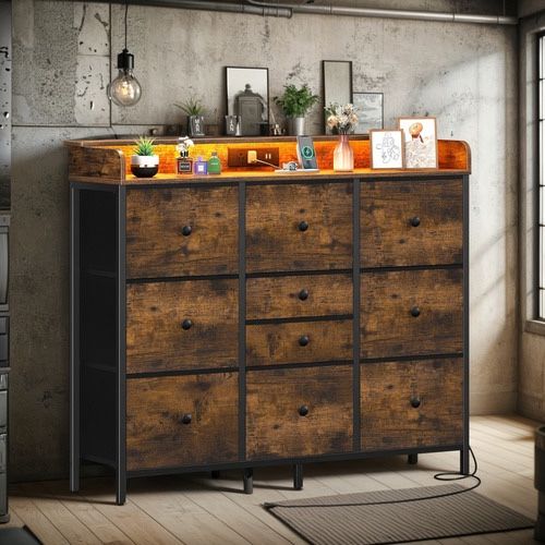 Dresser for Bedroom with Charging Station and LED Lights, Tall Dresser TV Stand With 10 Storage Drawers,Fabric White Dressers & Chests of Drawers,Wood