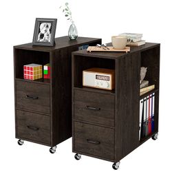End Side Table, Narrow Nightstand with Storage Drawers and Adjustable Shelf, Rolling Bedside Table for Bedroom, Living Room, Home Office, Dark Brown, 