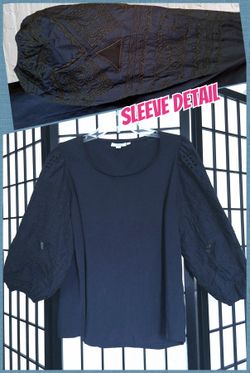 'Chico's' dark navy blue shirt with balloon sleeves, intricate embroidery, Sz. L (2)