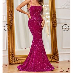 Spaghetti Strap Lace Up Back Sequin Mermaid Dress