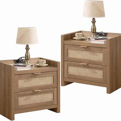 Night Stand Set of 2 - Rattan Nightstands with Type-C Charging Station, 2 Rattan Drawers - Boho Bed Side Tables End Table for Small Space - Natural Oa