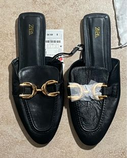 Zara Black Leather Mules with Gold Double-Bit Hardware