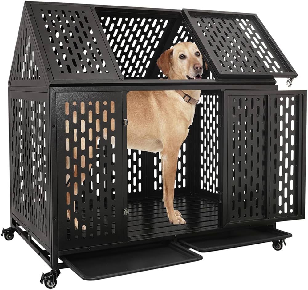 44'' Indestructible Heavy Duty Dog Crate, High Anxiety Impact Chewproof Metal Pointed Roof Cage for