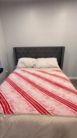 Queen Gray Upholstered Wingback Bed Frame – Excellent Condition