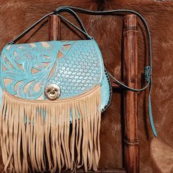 Western Fringed Turquoise Crossbody Handbag