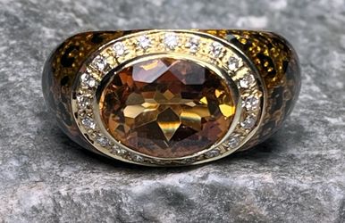 Women's HIDALGO 18K Yellow Gold & Leopard Enamel Citrine Diamond Ring Size 6