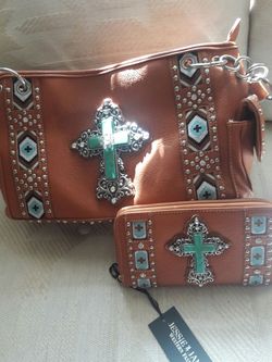 Beautiful turquoise cross, leather bag and wallet