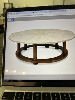 VINTAGE GENUINE TRAVERTINE STONE COFFEE TABLE - SOLID WOOD BASE